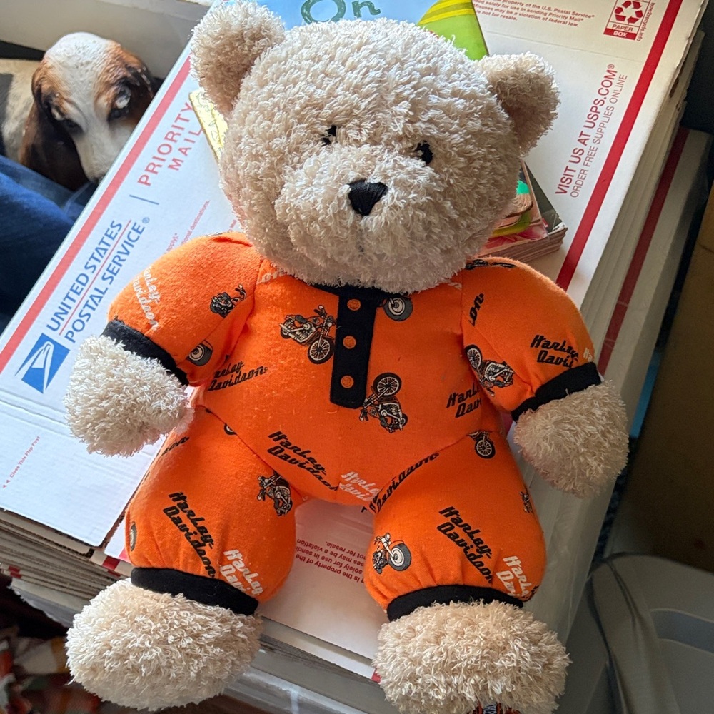 Harley-Davidson Beige Plush Bear in Orange Motorcycle Pajamas